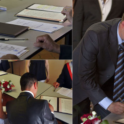 Officialisation du mariage : le moment des signatures à la mairie.