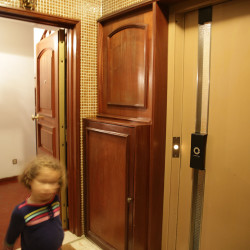 L'ascenseur et la porte d'entrée.